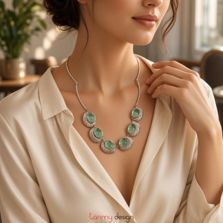 Vòng cổ thanh bạc 6 viên đá Green Obsidian viền bạc